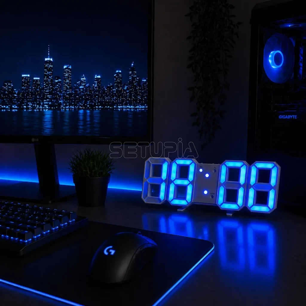 Akıllı 3D LED Dijital Masa Saati – Tarih, Sıcaklık, Alarm & Ayarlanabilir Parlaklık ( Mavi - Beyaz )